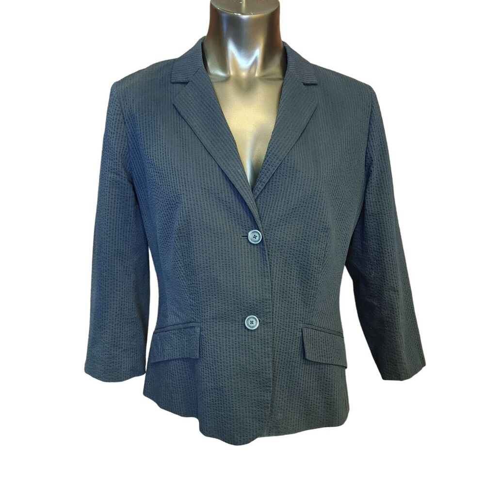 LIZ CLAIBORNE Womens 12 Navy Blazer Seersucker Lightweight Summer Jacket Coat